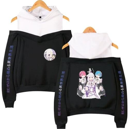Anime Re:zero Twin Ram Rem Pink Hoodie Harajuku Off Shoulder girl Hooded Sweatshirts Casual Women Streetwear Pullovers sudaderas