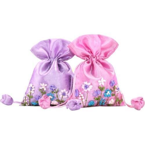 Handmade Ribbon Embroidery Small Silk Bag Drawstring Pouch Jewelry Gift Bags Empty Sachet Chinese Favor Bags 2pcs/lot