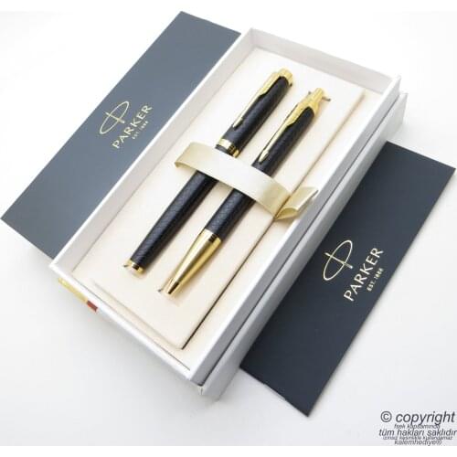 Parker IM Premium Pattern Black Gold Roller Pen + Ballpoint Pen Set | İsme Special Pen | Gift Pen