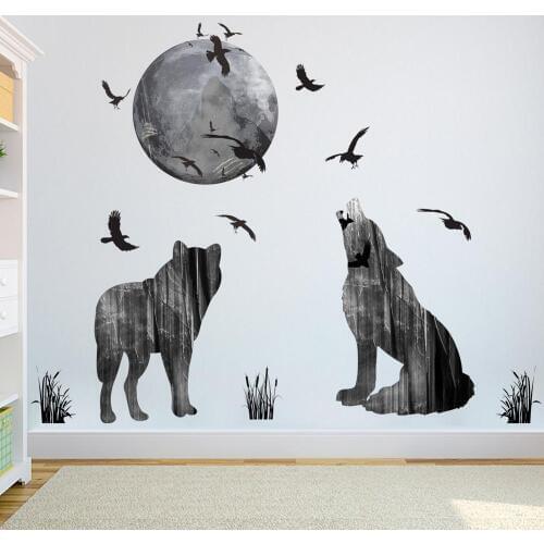 Wolf and Moon Modern Home Decoration pvc Wall Sticker Creative Animal Black Adhesive Poster Wall Art