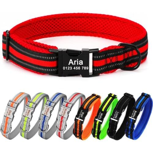 Reflective Breathable Mesh Dog Collar Adjustable Nylon Engraved Dog Collar Puppy Small Medium Large Unisex Pet Collar Dog Tag