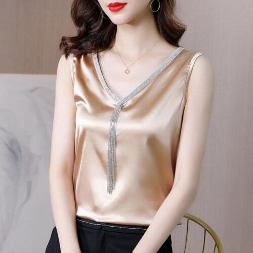 Summer Tank Tops Women 2021 Camis Satin Tassel Top Women Sexy V-neck Off Shoulder Solid Color Loose Casual Vest