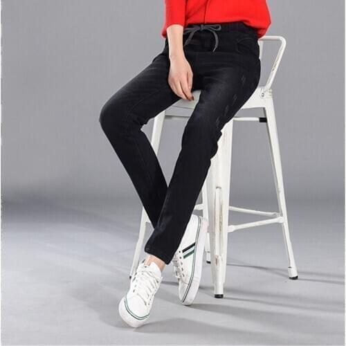 Womens Stretch Harem Jeans Plus Size Streetwear Lace Up Boyfriend Jeans Pants Female Elastic Waist Black Denim Trousers Female