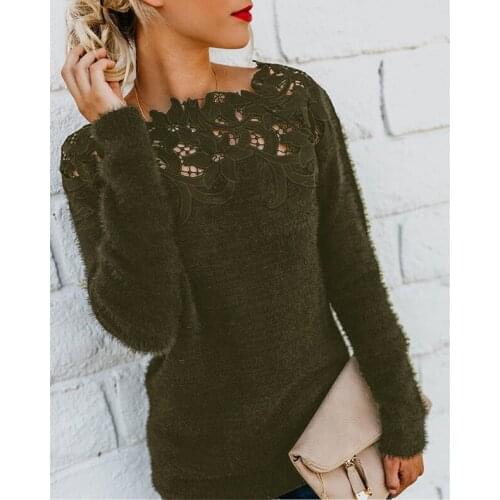 T Shirts Women 2021 Hot Selling European Womens Solid Color Stitching Lace Long-Sleeved Sweater Tshirt Tops Women ONF071