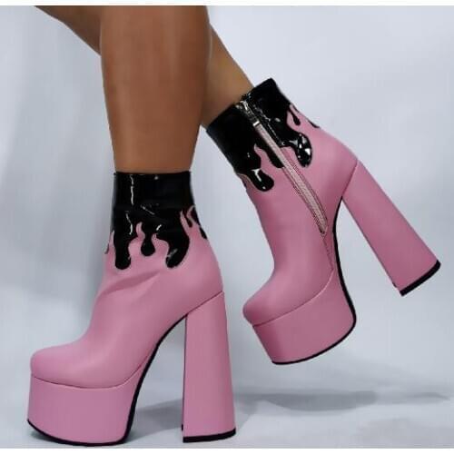 Woman Black Pink Leather Platform Ankle Boots Fashion Mixed Color Chunky Heel Flame Short Boots Sexy Female Booties Party Shoes