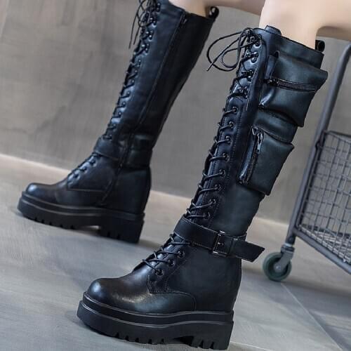 Spring Autumn Pockets Cross-tied Platform Height Increasing Genuine Leather Women Long Boots Ladies Knee-High Motorcycle Botas