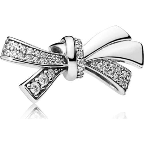 Genuine 925 Sterling Silver Bead Charm Sparkling Oversized Brilliant Bow With Crystal Beads Fit Women Pan Bracelet & Neckla