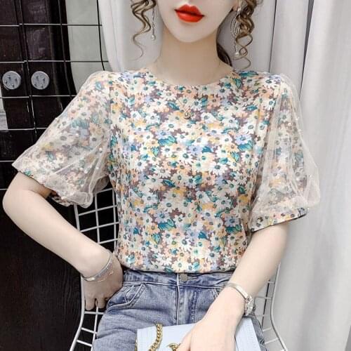 2021 spring and summer fashion new beaded mesh loose puff sleeve temperament all-match casual top women floral t-shirt