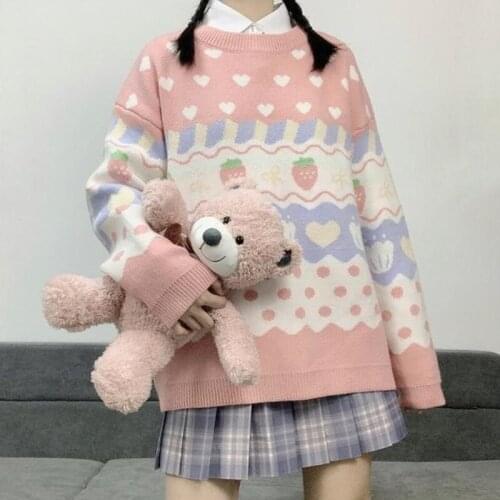 Vintage Pink Knitting Sweater Women Cute Strawberry Printing Long Sleeve Pullover New Autumn Winter Loose Top Jumper Women