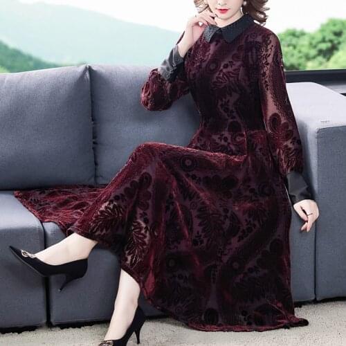 Autumn Spring Women Vintage Wine Red Dobby Velvet Floral Patchwork Dress , Woman Fall 4xl Full Sleeve Velour Flower Dresses