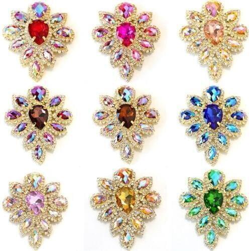 1 pcs 4.5x5.8cm Crystal Sew On Rhinestone Corsage brooch Pins Gold Base Navette Round Appliques Wedding Dress E7056