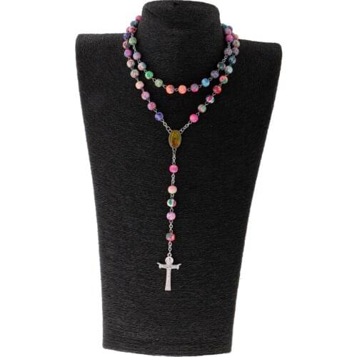 1 Piece Pendant Necklace Rosary with Cross Pendant Colorful Beads for