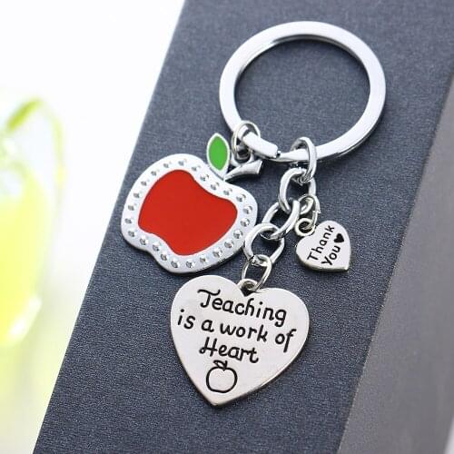 12PCs Wholesale 'Teaching Is A Work Of Heart' Apple Keychain Gift For Teachers Key Chain Love Heart Thank You Gift