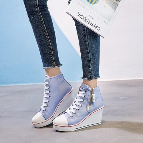 2021 new Korean version plus size canvas shoes female slope heel side zipper 8 cm higher casual high canvas shoes female