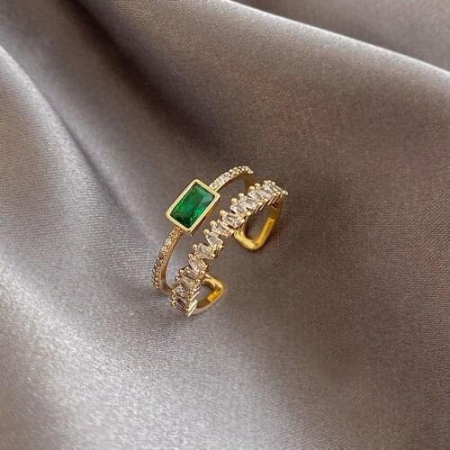 2021 Korean Delicate Micro-Inlaid Zircon Adjustable Rings For Women Luxury Green Crystal Micro Pave 2 Layer Finger Open Ring