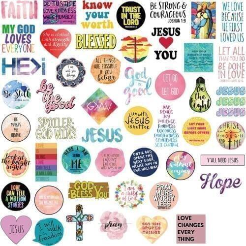 50pcs Jesus Christians Believe In Famous Sayings Word Stickers For Styling Luggage Fridge Laptop Case Car Kids TOY Sticker Pack