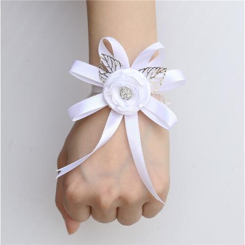 6picec/Lot White Pearl Bride Bridesmaid Wrist Corsage Bracelet Flower Hand Wedding Party Prom Silk Ribbon Handmade SWSL