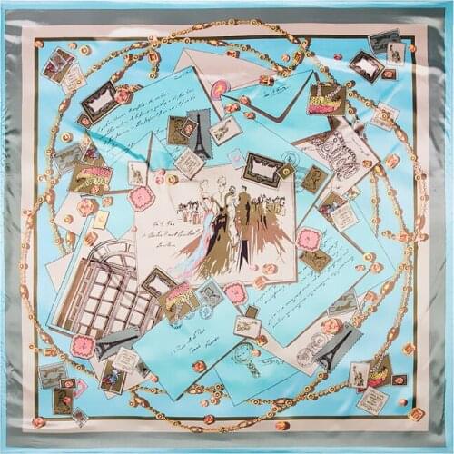 90*90cm Luxury Brand Women Silk Scarfs Street Building Square Scarves Spring Summer Shawls For Ladies