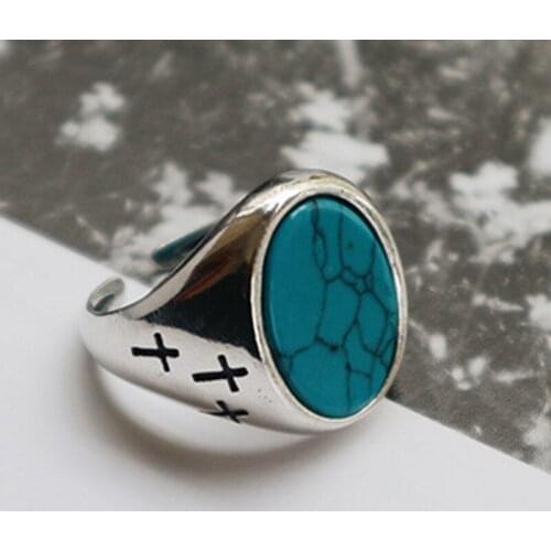 BOCAI 100% Real S925 sterling silver ring, marble pattern turquoise old-fashioned open ring for men and women
