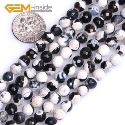 Natural Round White&Black Football Fire Agates Bead Faceted Beads For Jewelry Making DIY Strand 15" Wholesale