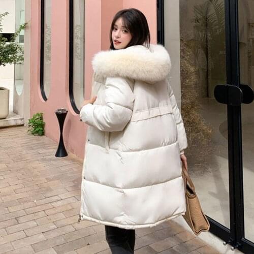 Long Winter Jacket Women Clothing Padded Loose Hooded Fur Collar Down Cotton Coat Female Warm Thick Black Womens Parkas Q4782