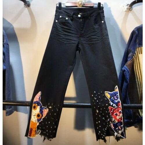 European Autumn Denim Heavy Industry Diamond Embroidered Cat High Waist Slim Stretch Jeans Pants Women Fashion Streetwear 2021