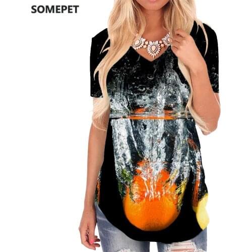 SOMEPET Fruit T-shirt women Food T-shirts 3d Water Funny T shirts Creativity V-neck Tshirt Womens Clothing Fashion Loose Style