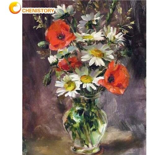 CHENISTORY Frameless Painting By Numbers Kits For Adults White Flower In Vase Oil Picture By Number Handmade Home Wall Decor Art