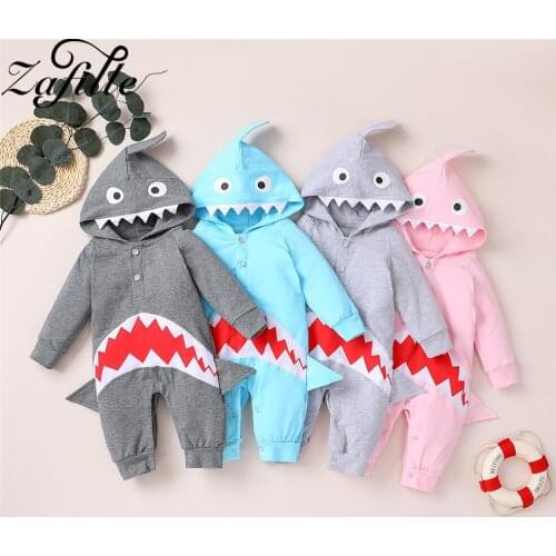 ZAFILLE Mens Baby Clothes Cartoon Shark Cosplay Baby Costume Hooded Jumpsuit For Kids Newborn Rompers Boy Overalls