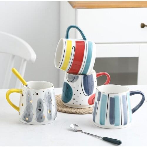 Cartoon Hand-painted Cute Under-glaze Ceramic Mugs Coffee Cups Breakfast Milk Cereal Cup Office Home Coffee Cup With spoon