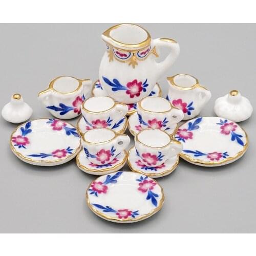 Odoria 1:12 Miniature 15PCS Porcelain Chintz Tea Cup Set Teapot Teaware Kitchen Dollhouse Accessories Doll House Decoration