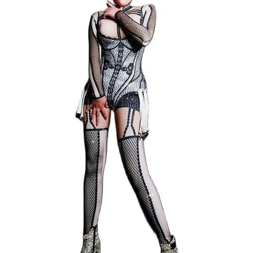 Fashion Sparkly Black Diamonds Plaid Women Jumpsuits Skinny Stretch Backless Romper Pole Dancing Costumes Nightclub Outfit