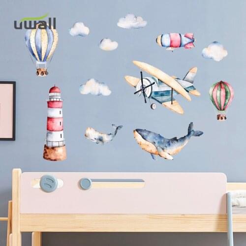 Cartoon Whale Airplane Lighthouse Wall Stickers For Kids Room Baby Bedroom Wall Decoration Self-adhesive Sticker Home Decor
