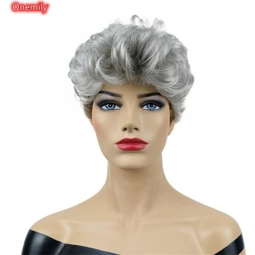Onemily Gray Short Curly Wavy Women Synthetic Natural Hair Wigs with Bangs
