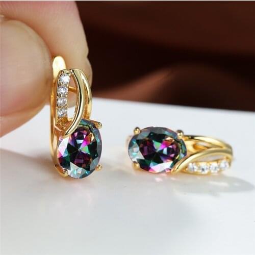 Boho Gold Color Oval Earrings Elegant Pink Zircon Hoop Earrings Rainbow Crystal Multicolor Stone Earrings For Women Wedding Gift