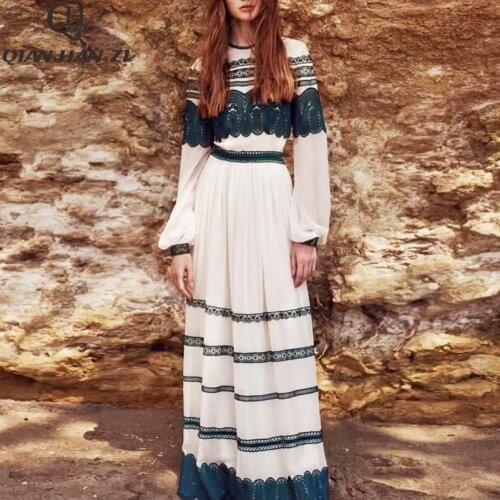 Qian Han Zi 2020 Spring, summer,designer fashion long dress Womens Lantern Sleeve Vintage Chiffon Lace Embroidered Maxi Dress