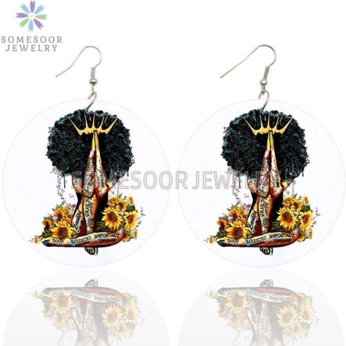 SOMESOOR Black Queen Afro Curly Design Wooden Drop Earrings Crown Headwrap Girl Printed Loops Dangle Jewelry For Women Gifts