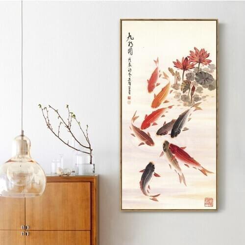 Traditional Chinese Painting Picture Large Koi Lotus Flower Nine Fishes Canvas Art Wall Decor Vintage Home Decoration No Frame