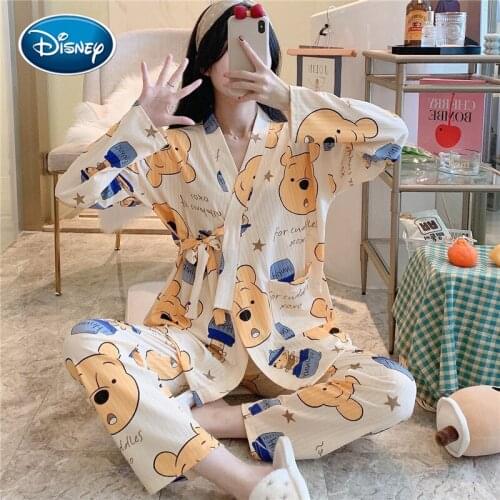 Disney Mickey Pooh spring and autumn pajamas womens long-sleeved cute loose new womens home service V-neck suit pajamas
