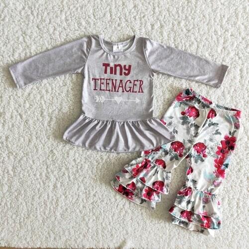 High Quality Girl Fashion Long Sleeve Outfits Kids Letters Design Top And Ruffle Pants Teenagers Flowers Clothing Set