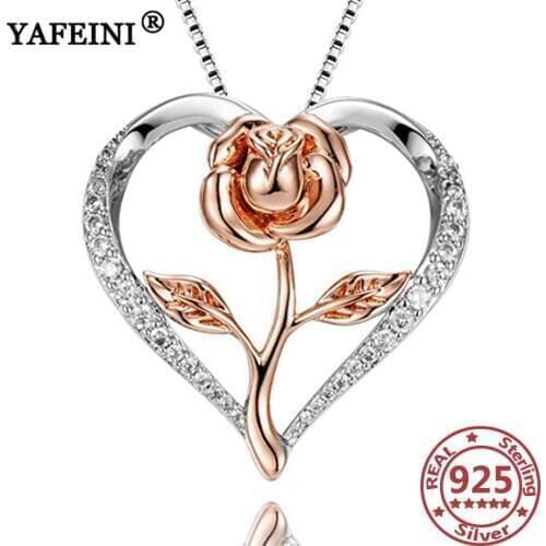 YAFEINI 925 Sterling Silver Heart Rose Necklaces Crystal Zircon Pendant Necklace Valentines Day Gift Mothers Day Gifts Jewelry