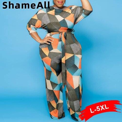 Plus Size Stretchy Rhombus Color Jumpsuits with Sashes 4XL Batwing Half Sleeve Lace Up Waist Bodycon One Piece Outfits Playsuits