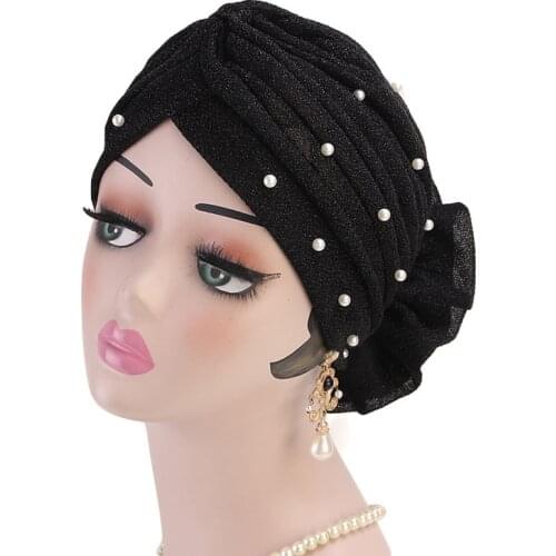 2021 Womens genuine pearl Hijabs Turban Elastic Cloth Head Cap Hat Ladies Hair Accessories Muslim Scarf Cap Wholesale