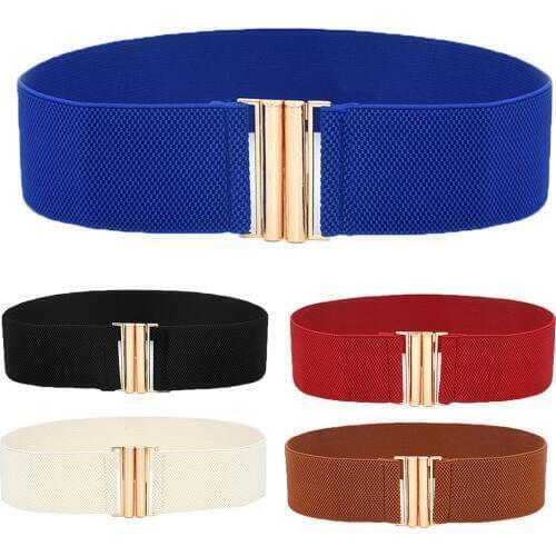 Lady Solid Color Buckle Wide Faux Leather Elastic Waistband Belt for Jeans Pants