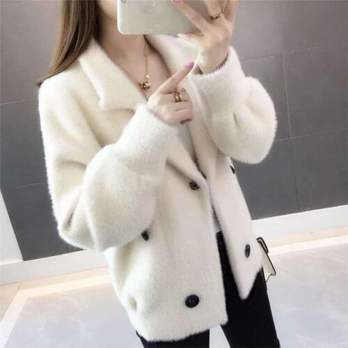 Women 2020 Autumn Winter Double Breasted Sweater Coat Female Knitted Faux Mink Velvet Jacket Casual Soft Short Cardigans G515