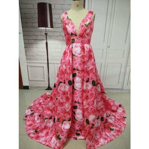 Long Floral V-Neck Prom Dresses with Pockets Sexy Satin Robe De Soiree Floor Length Formal Party Dresses for Women