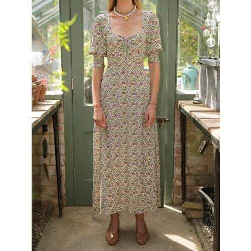 Women Floral Print 100% Viscose Maxi Dress Lace-Up Square Collar Short Sleeve Hem Split Fashion Long Dresses