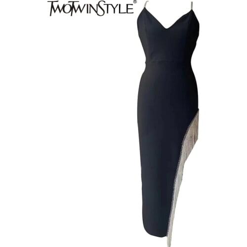 TWOTWINSTYLE Sexy Patchwork Tassel Dress For Women V Neck Sleeveless High Waist Irregular Hem Summer Sling Dresses Female New