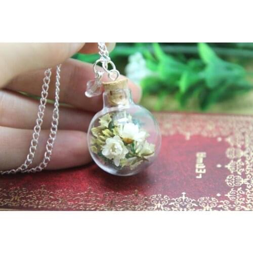 10pcs Dried Ivory Flower and moss Terrarium Glass Globe Bottle Necklace crystal silver chain necklace teardrop necklace