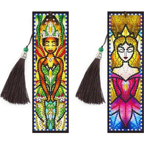 2Pcs Beauty Girls 5D DIY Special Shaped Diamond Painting Leather Bookmark Diamond Embroidery Craft Tassel Book Marks for Books